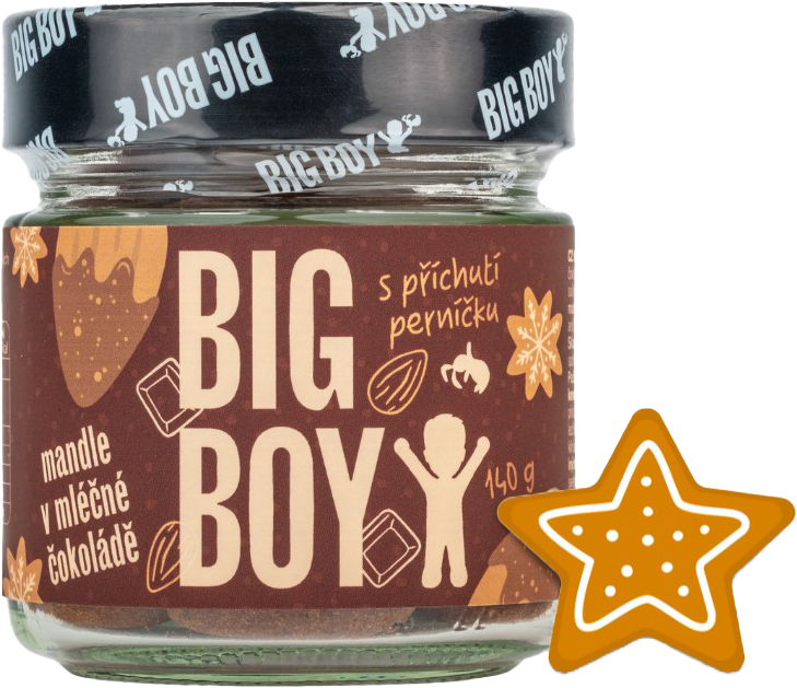 Big Boy Mandle v mléčné čokoládě s perníkovým kořením 140 g mandle v mléčné čokoládě s perníkovým kořením