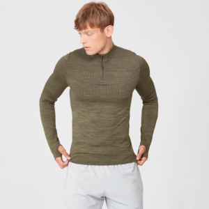 MyProtein Pánske tričko s dlhými rukávmi Sculpt Seamless 1/4 Zip světlo olivové L