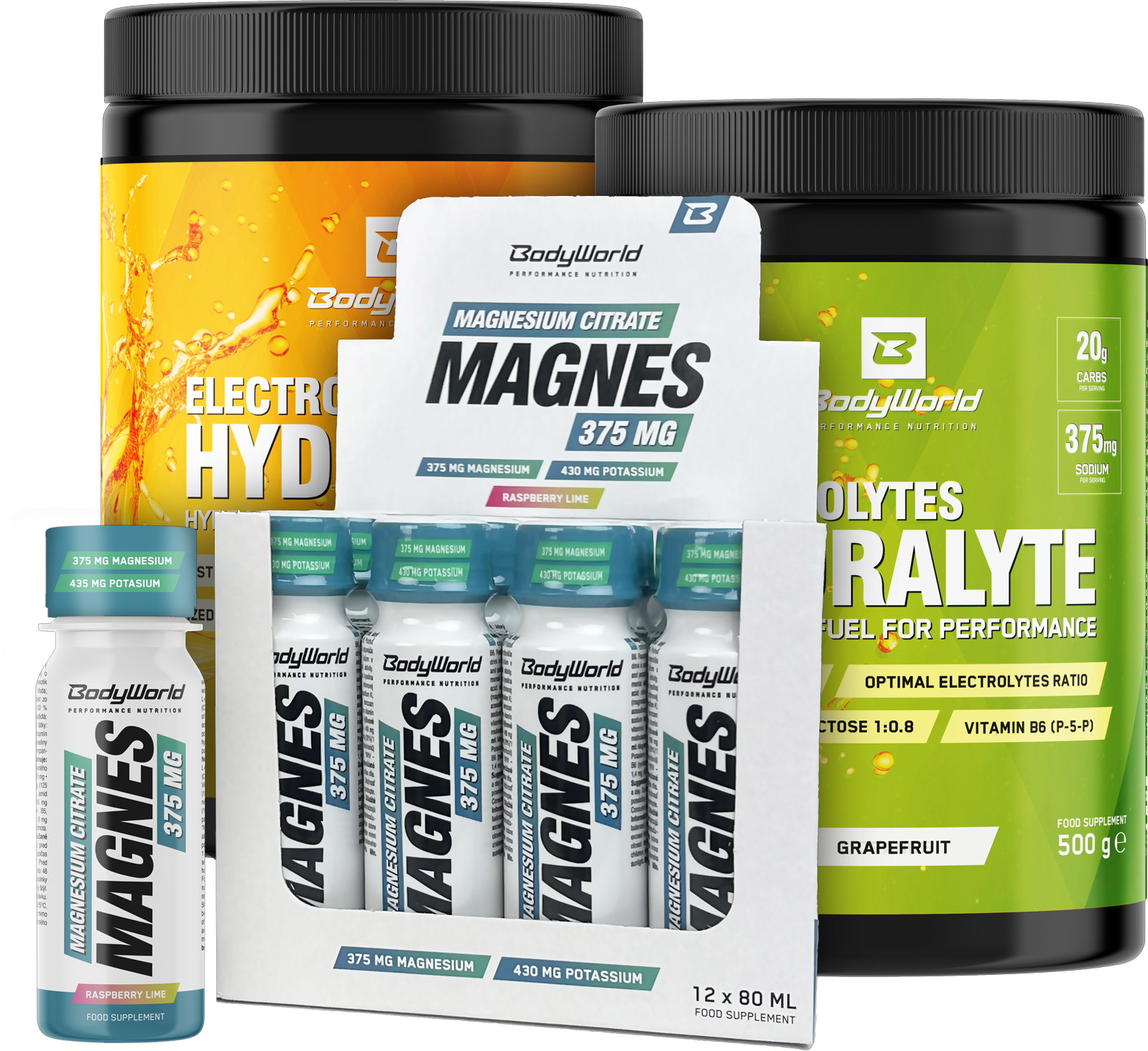 BodyWorld 2x Electrolytes Hydralyte 500 g pomeranč + Magnesium Shot 12 x 80 ml ZADARMO
